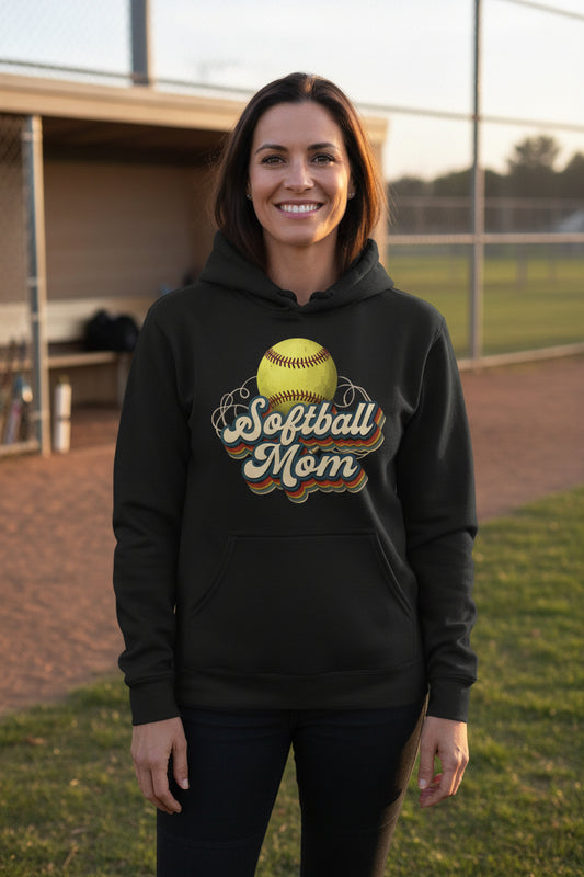 Retro Softball Mom Hoodie– Vintage Sports Parent Pride BLACK - FRONT
