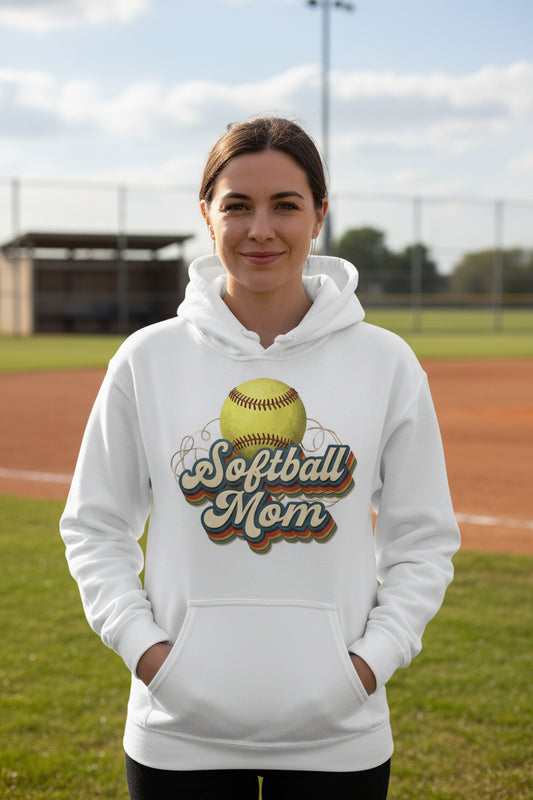 Retro Softball Mom Hoodie– Vintage Sports Parent Pride WHITE - FRONT