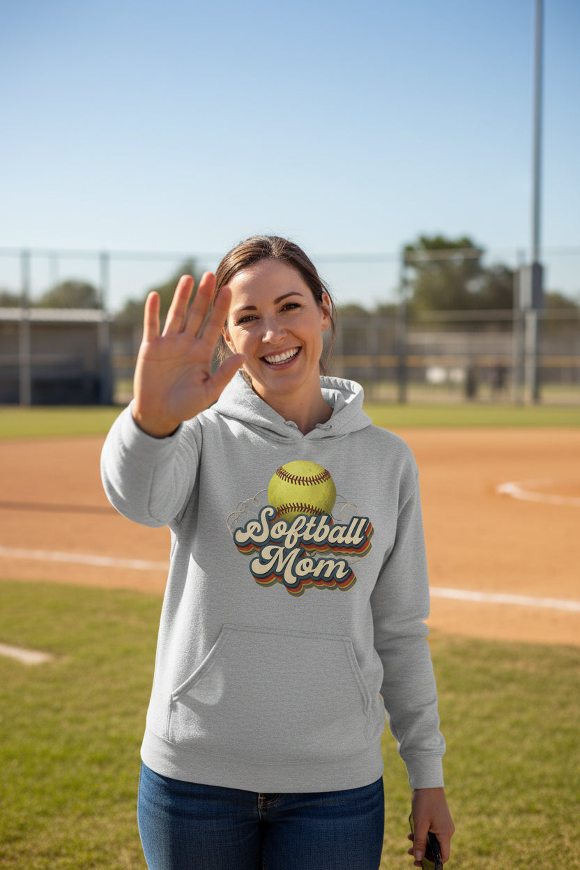 Retro Softball Mom Hoodie– Vintage Sports Parent Pride SPORT GREY - FRONT