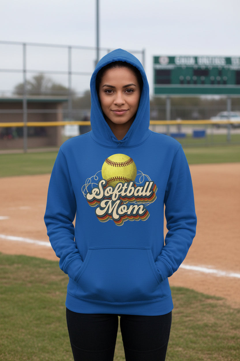 Retro Softball Mom Hoodie– Vintage Sports Parent Pride Royal - FRONT