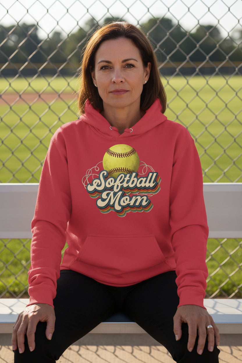 Retro Softball Mom Hoodie– Vintage Sports Parent Pride RED - FRONT