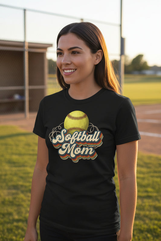 Retro Softball Mom T-Shirt – Vintage Sports Parent Pride BLACK - FRONT