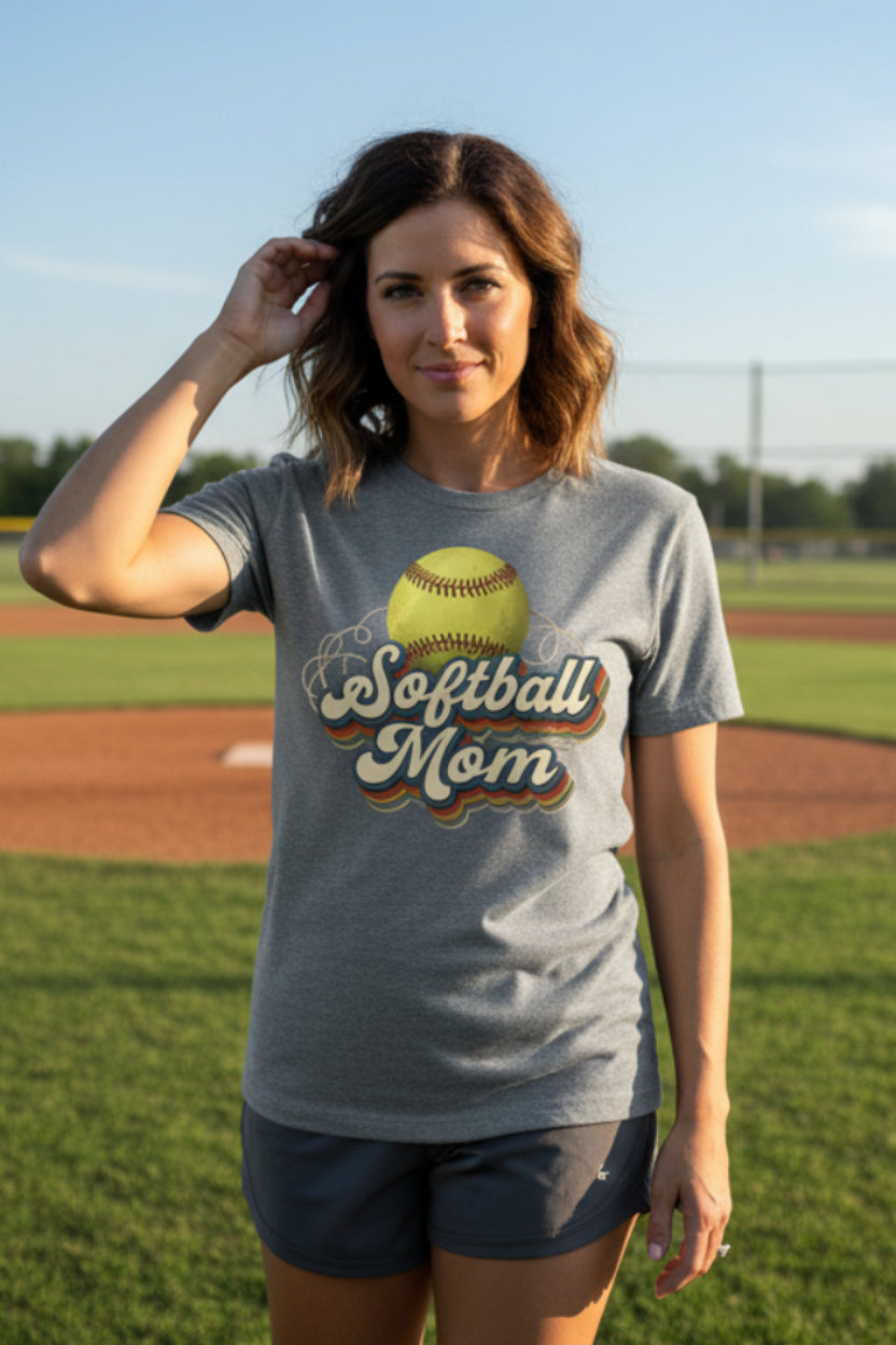 Retro Softball Mom T-Shirt – Vintage Sports Parent Pride DEEP HEATHER - FRONT