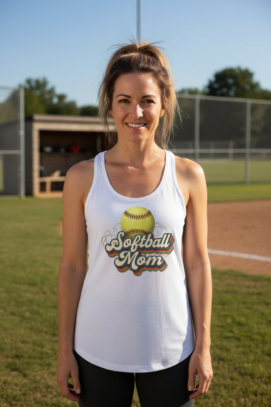 Retro Softball Mom Tank Top – Vintage Sports Parent Pride White - FRONT