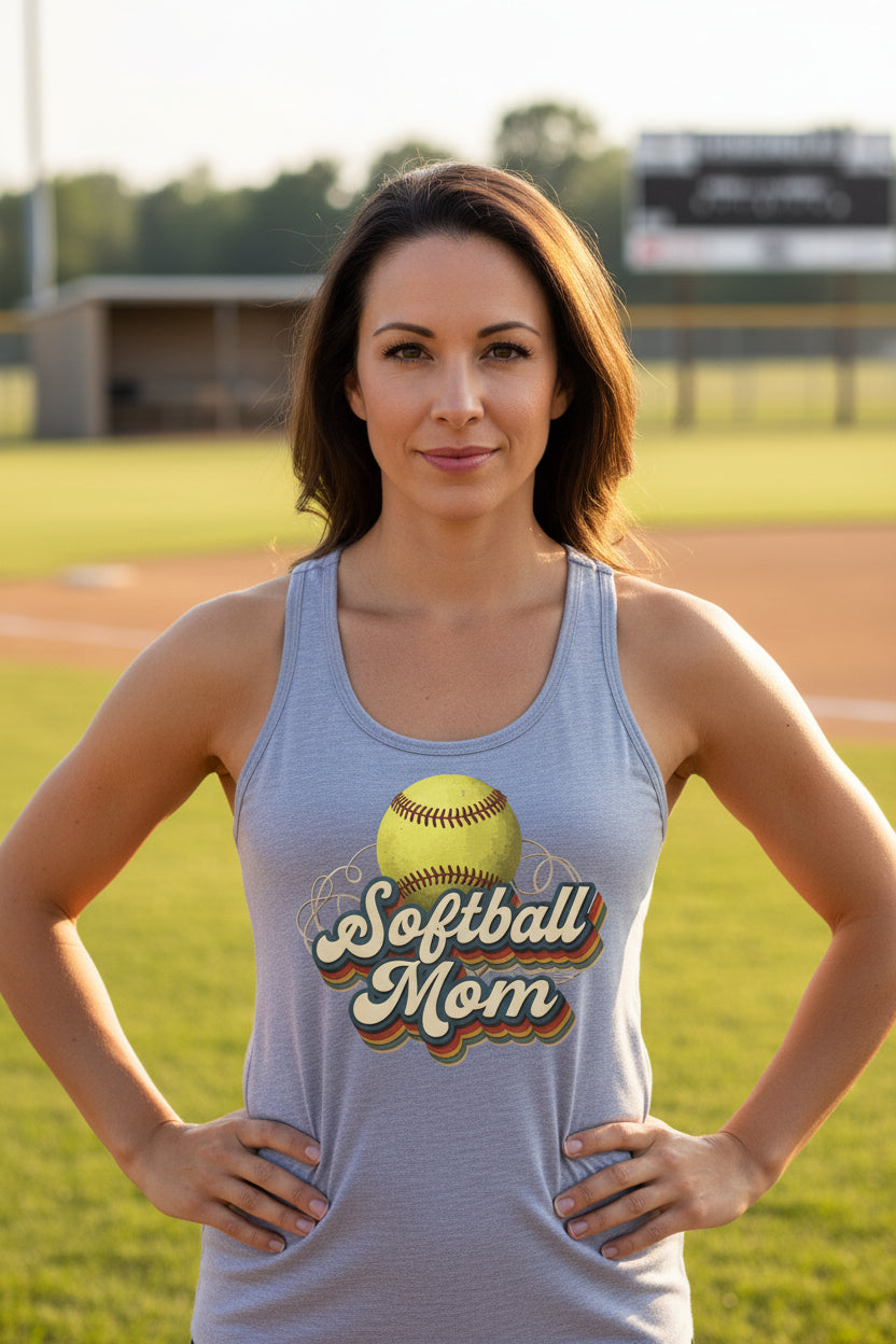 Retro Softball Mom Tank Top – Vintage Sports Parent Pride Heather Gray - FRONT