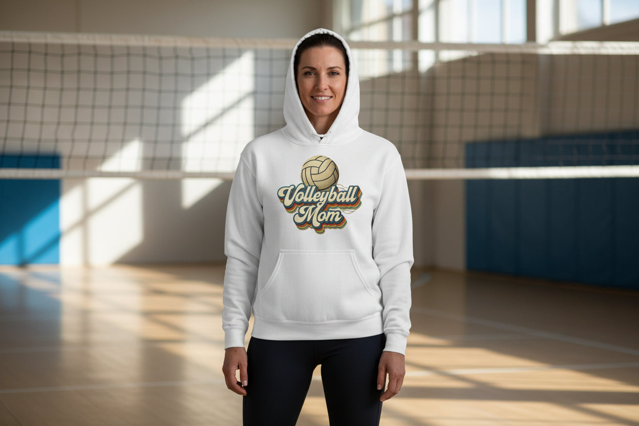 Retro Volleyball Mom Hoodie – Vintage Sports Parent Pride WHITE - FRONT