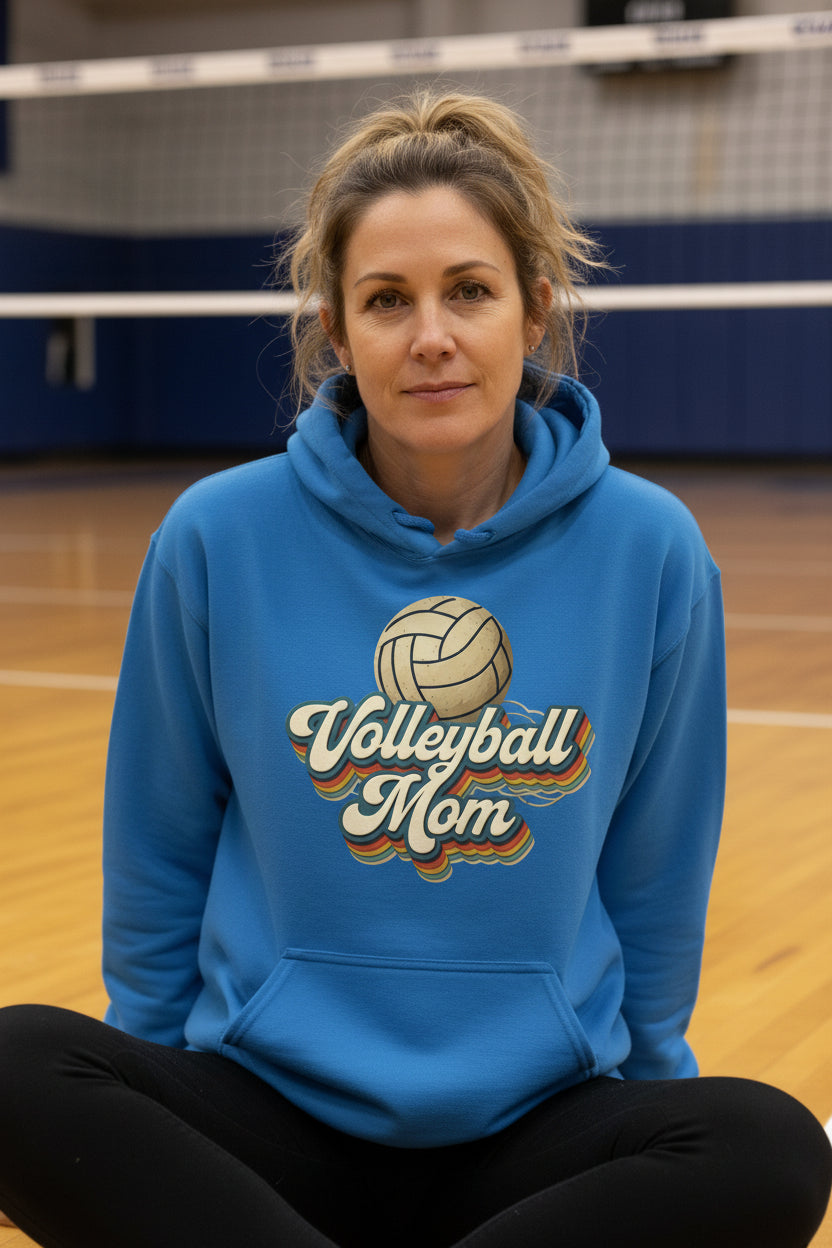 Retro Volleyball Mom Hoodie – Vintage Sports Parent Pride Royal - FRONT