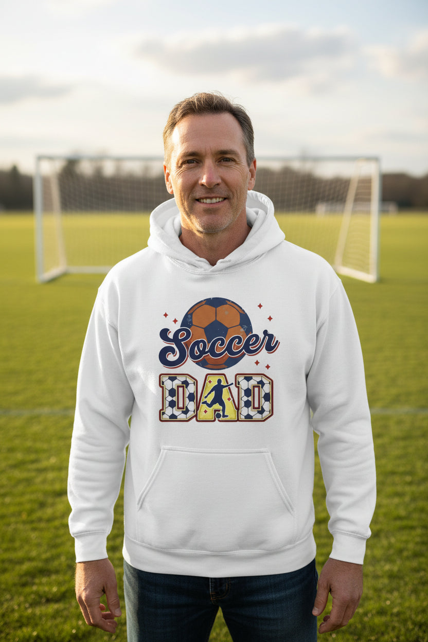 Soccer Dad Hoodie with Classic Ball and Player Silhouette Vintage Design WHITE - SF500 - FRONT