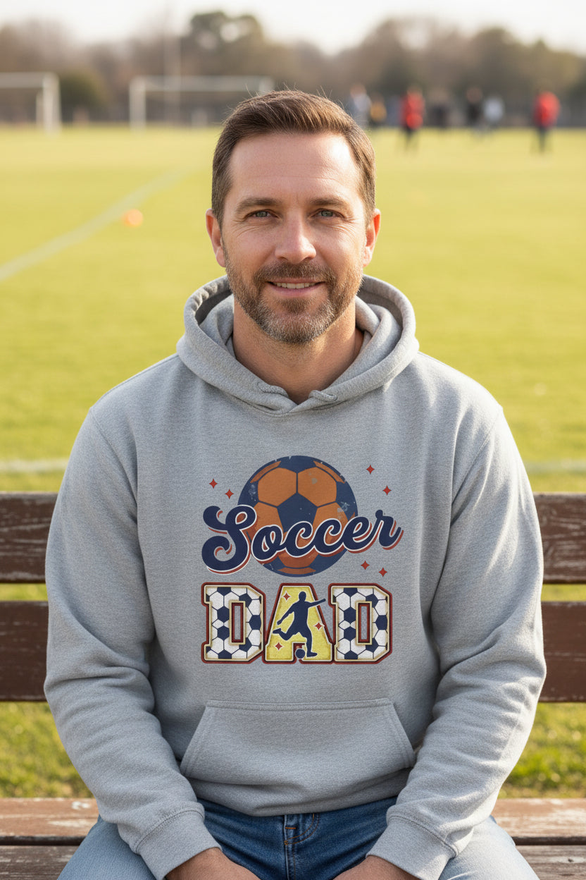 Soccer Dad Hoodie with Classic Ball and Player Silhouette Vintage Design SPORT GREY - SF500 - FRONT