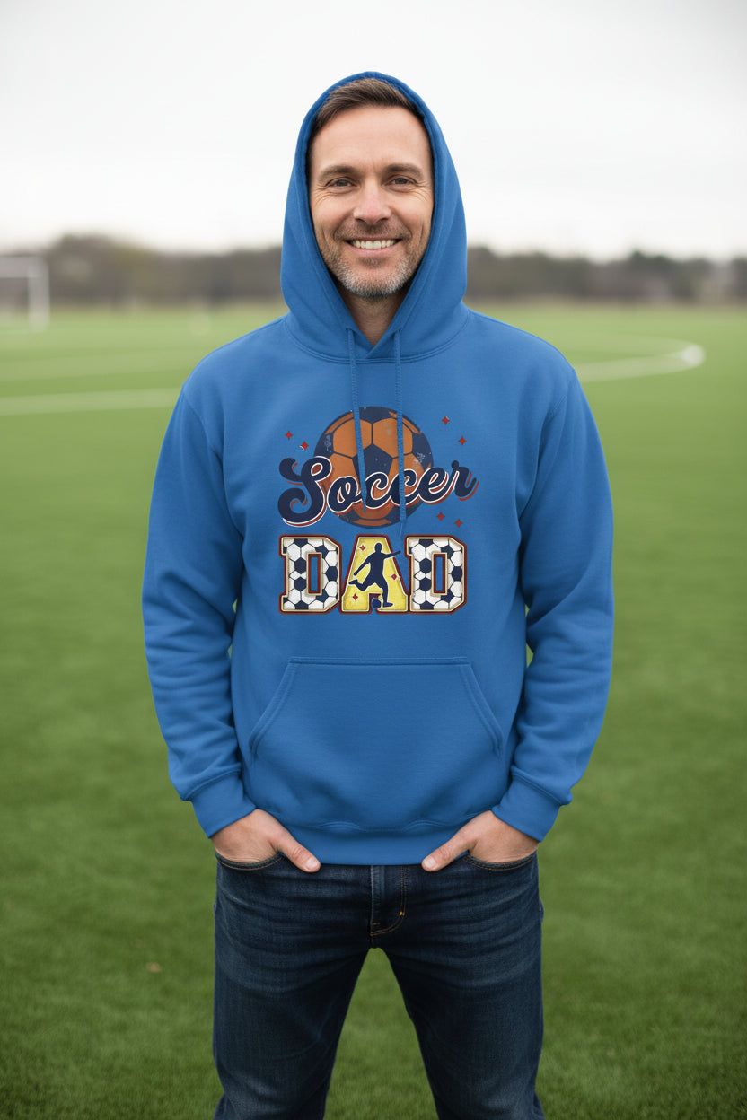 Soccer Dad Hoodie with Classic Ball and Player Silhouette Vintage Design Royal - SF500 - FRONT