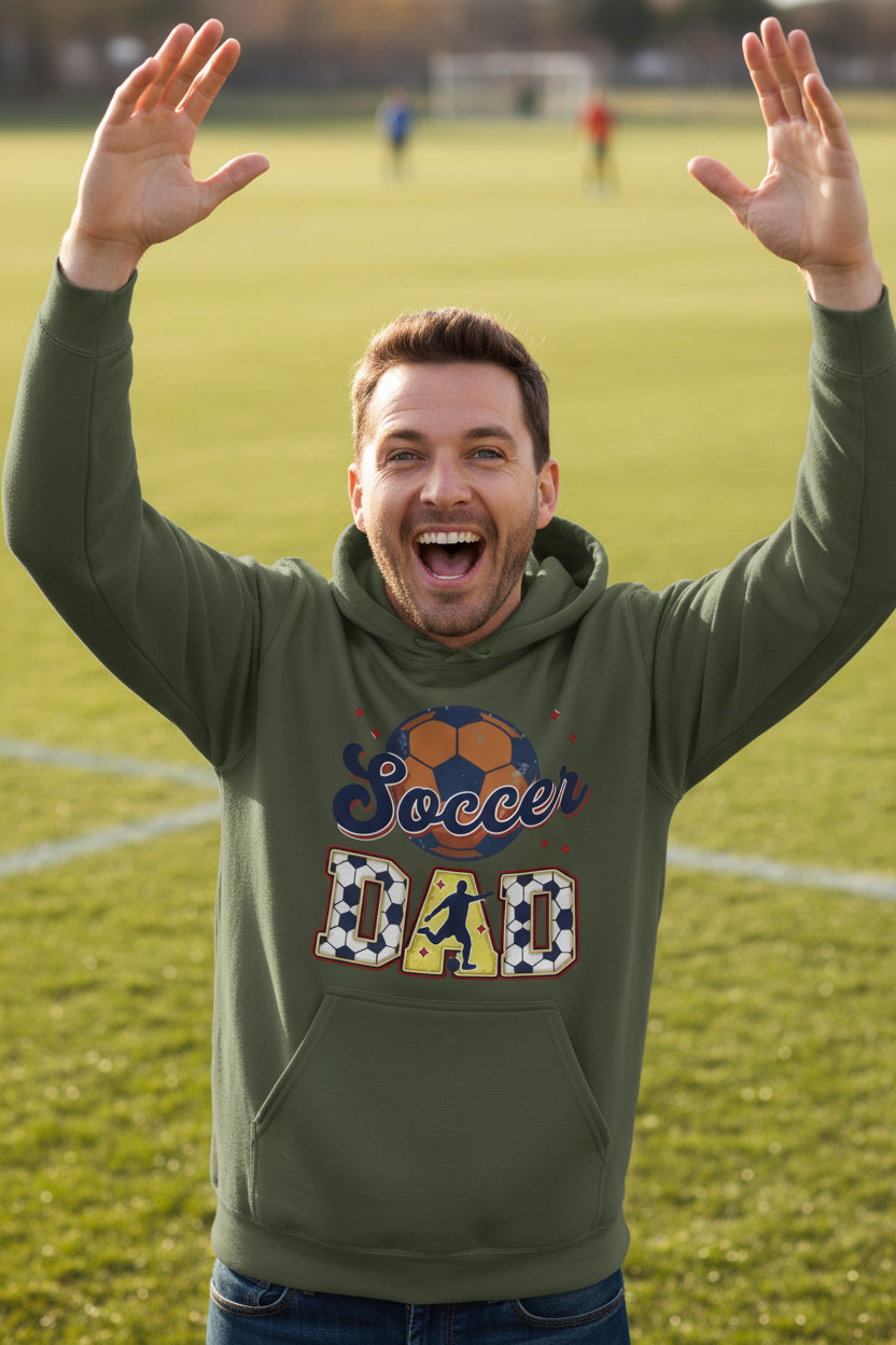 Soccer Dad Hoodie with Classic Ball and Player Silhouette Vintage Design MILITARY GREEN - SF500 - FRONT