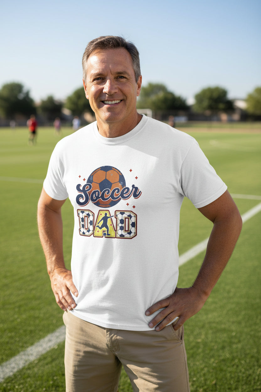 Soccer Dad T-Shirt with Classic Ball and Player Silhouette Vintage Design White - 3600 - FRONT