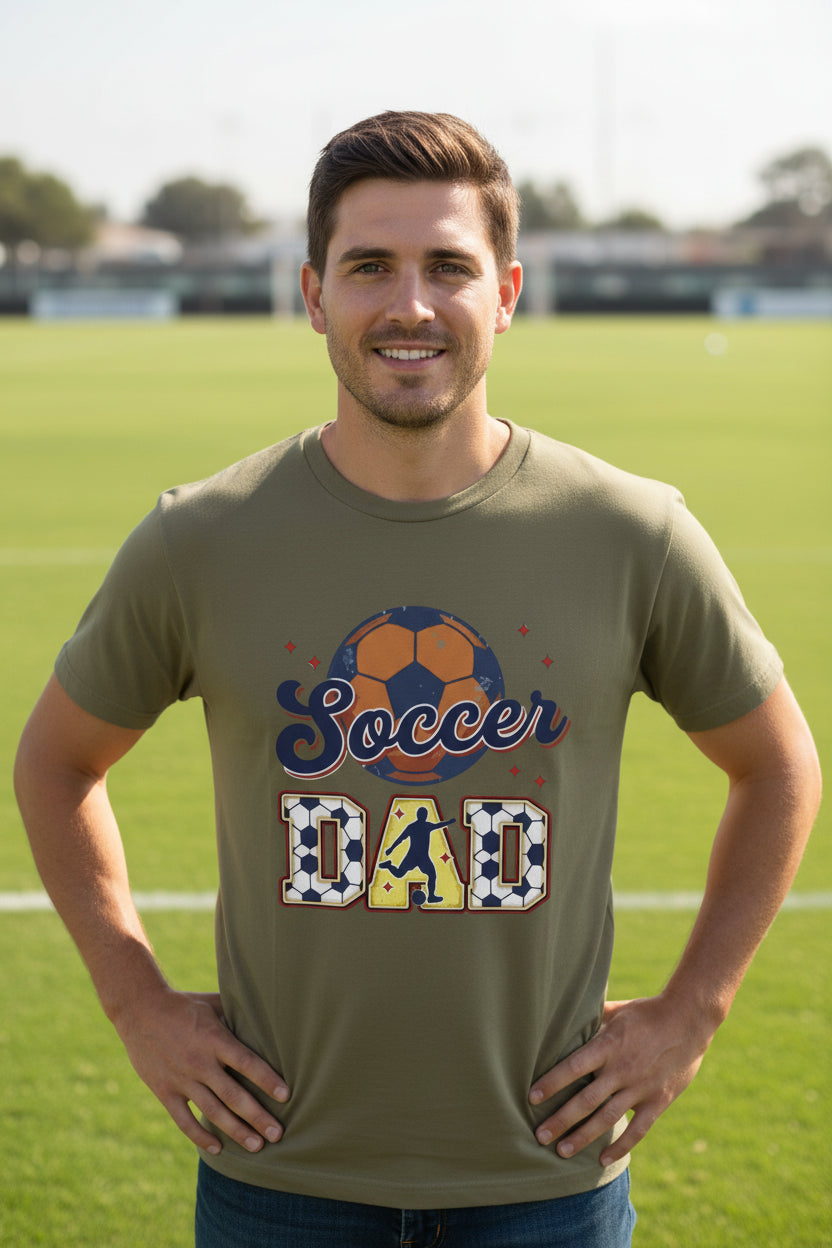 Soccer Dad T-Shirt with Classic Ball and Player Silhouette Vintage Design MILITARY GREEN - 3600 - FRONT