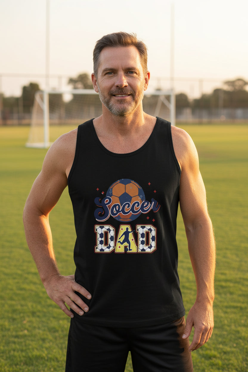 Soccer Dad Tank Top with Classic Ball and Player Silhouette Vintage Design BLACK - 3480 - FRONT
