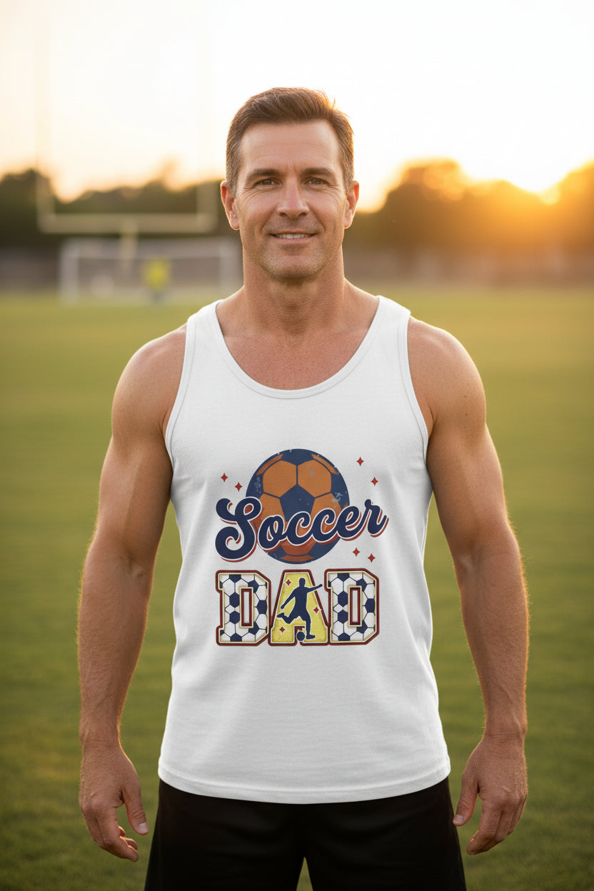 Soccer Dad Tank Top with Classic Ball and Player Silhouette Vintage Design WHITE - 3480 - FRONT