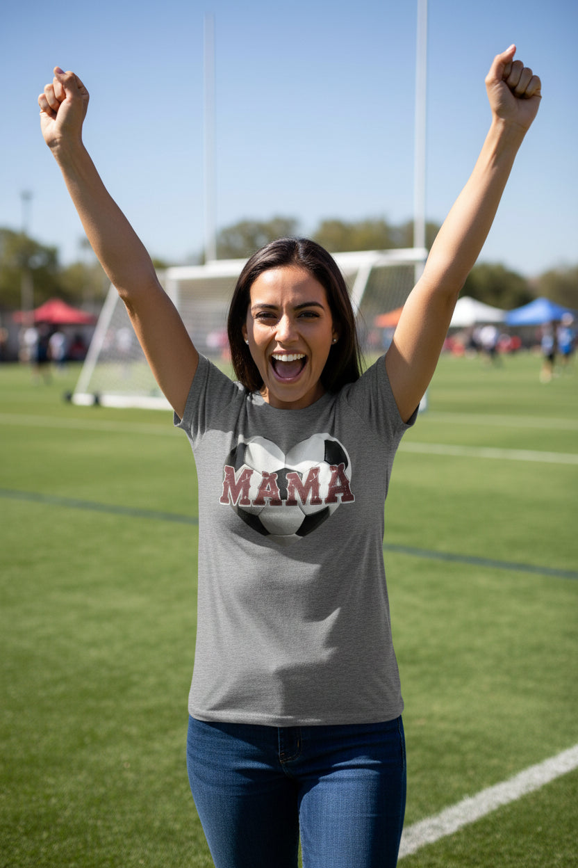 Soccer Mama Heart T-Shirt- Athletic Pride Mom Spirit  DEEP HEATHER - FRONT