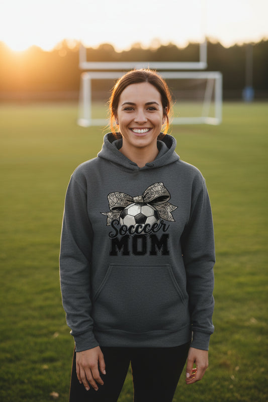 Soccer Mom Life – Chic Bow Game Day Statement Hoodie DARK HEATHER - SF500 - FRONT