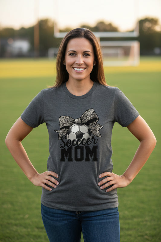 Soccer Mom Life – Chic Bow Game Day Statement T-Shirt DRK GREY HEATHER - 6004 - FRONT