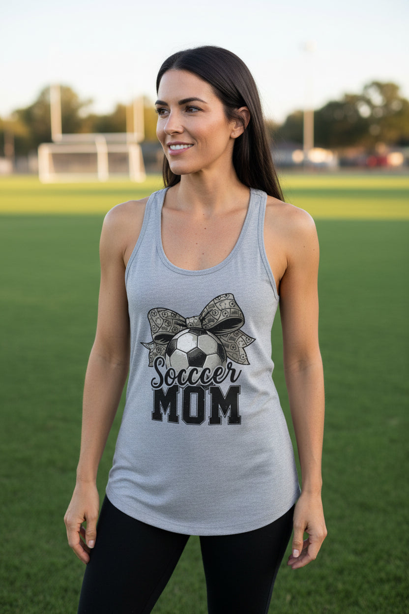Soccer Mom Life – Chic Bow Game Day Statement Tank Top Heather Gray - N1533 - FRONT