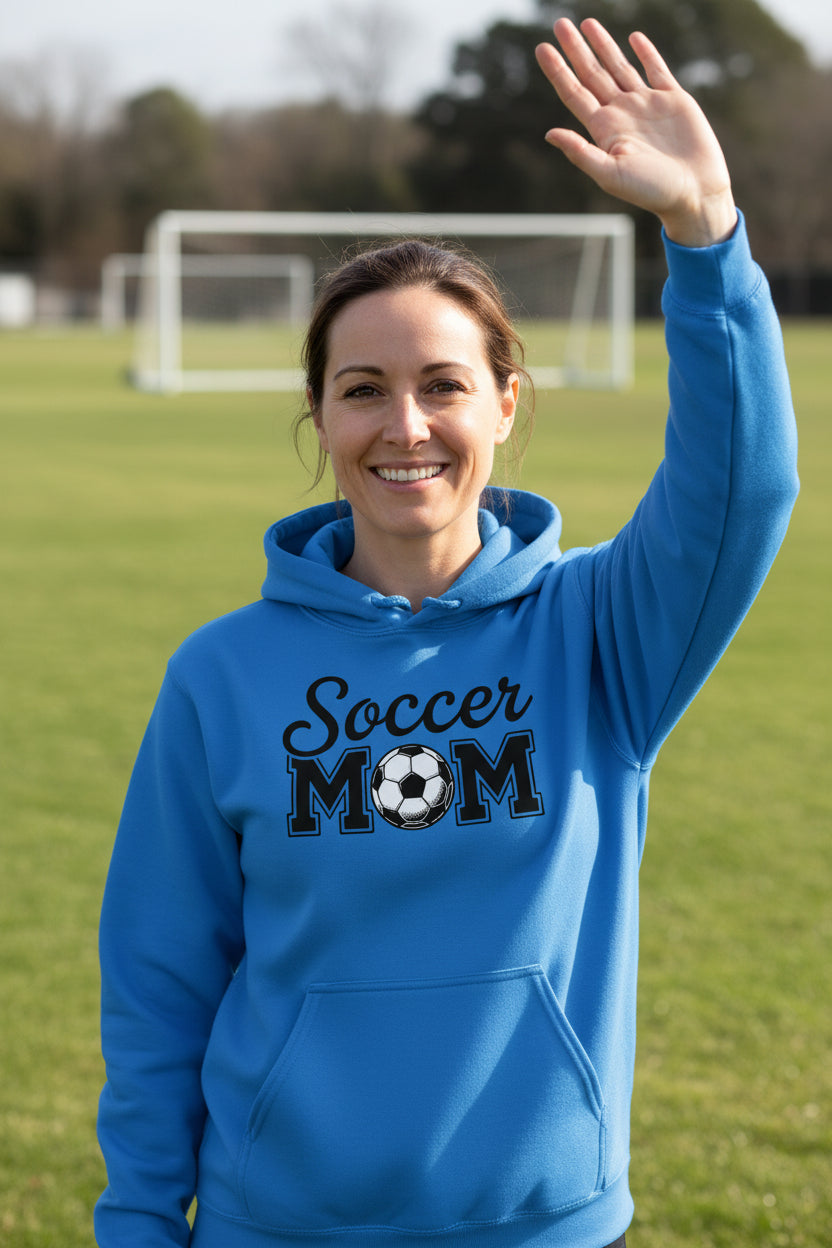Soccer Mom Script Design with Ball Graphic – Game Day Spirit Style Hoodie Royal - FRONT