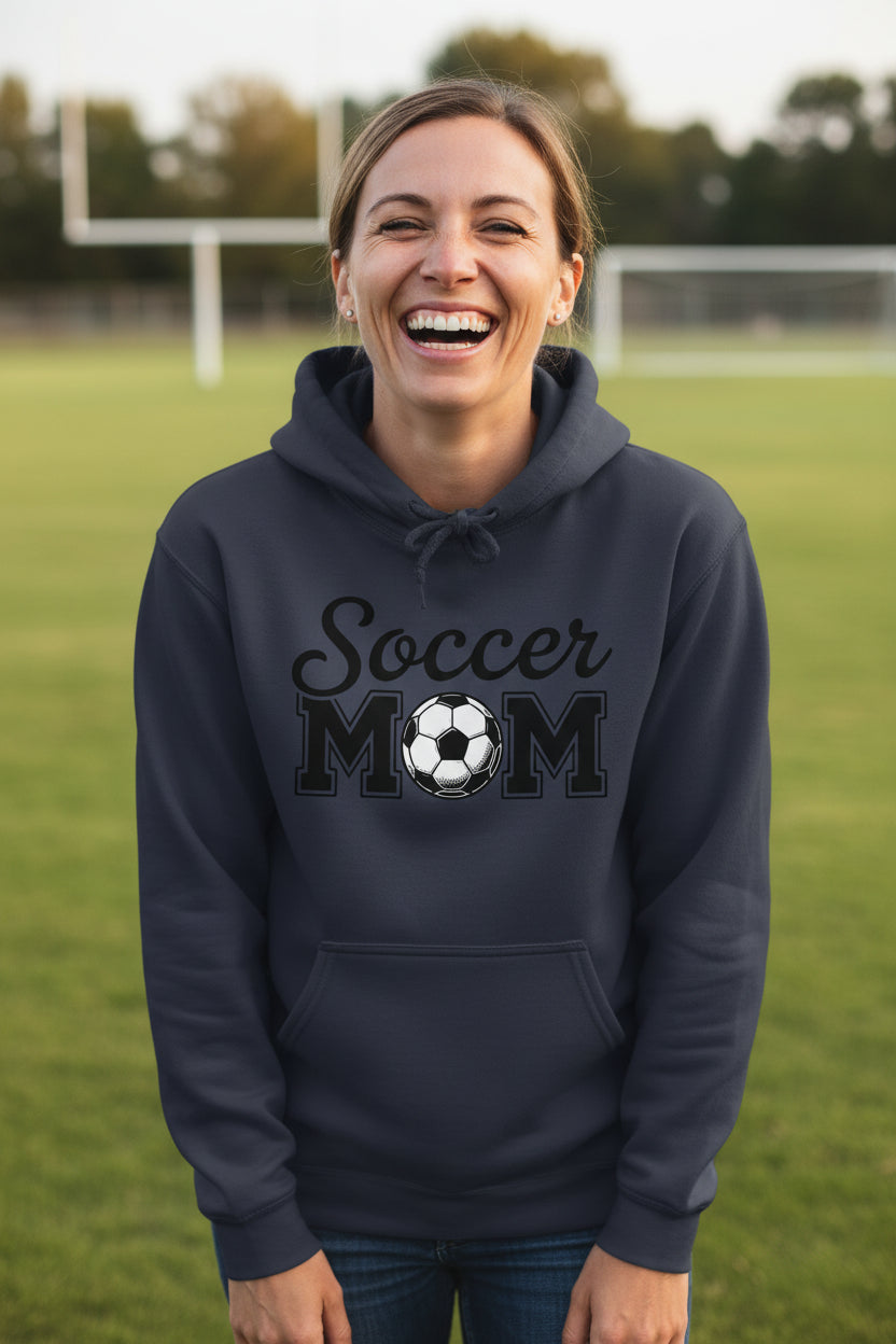 Soccer Mom Script Design with Ball Graphic – Game Day Spirit Style Hoodie NAVY - FRONT