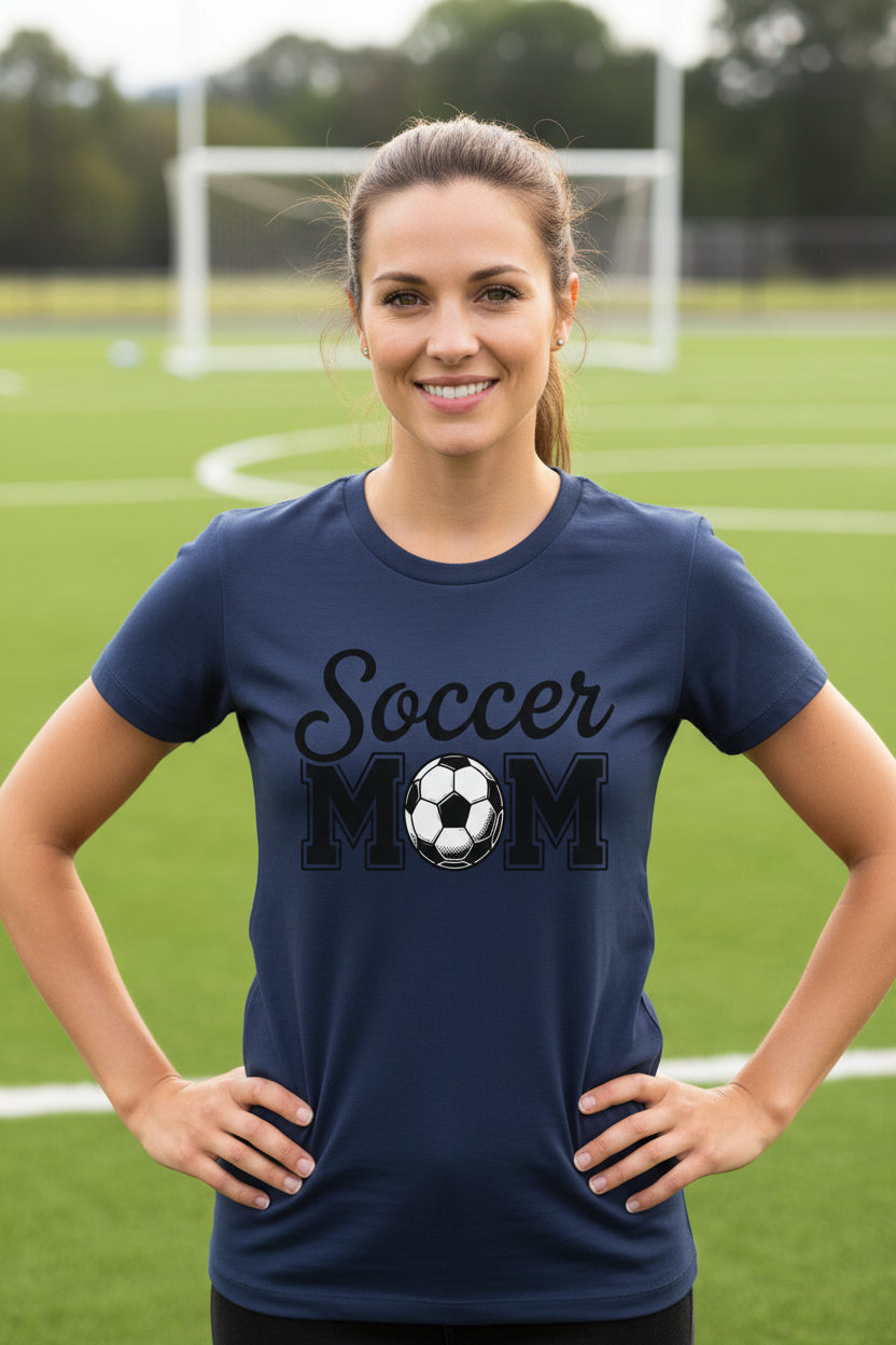 Soccer Mom Script Design with Ball Graphic – Game Day Spirit Style T-Shirt NAVY - FRONT