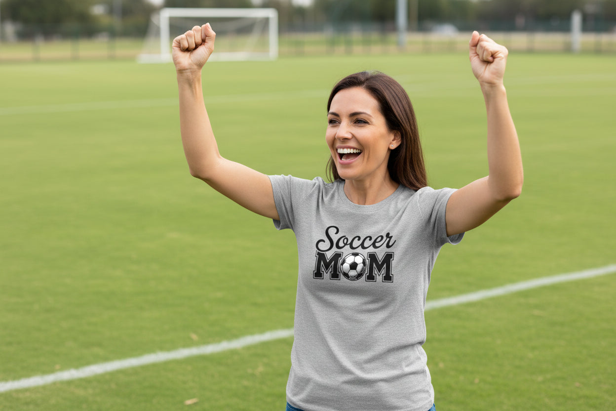 Soccer Mom Script Design with Ball Graphic – Game Day Spirit Style T-Shirt ATHLETIC HEATHER - FRONT