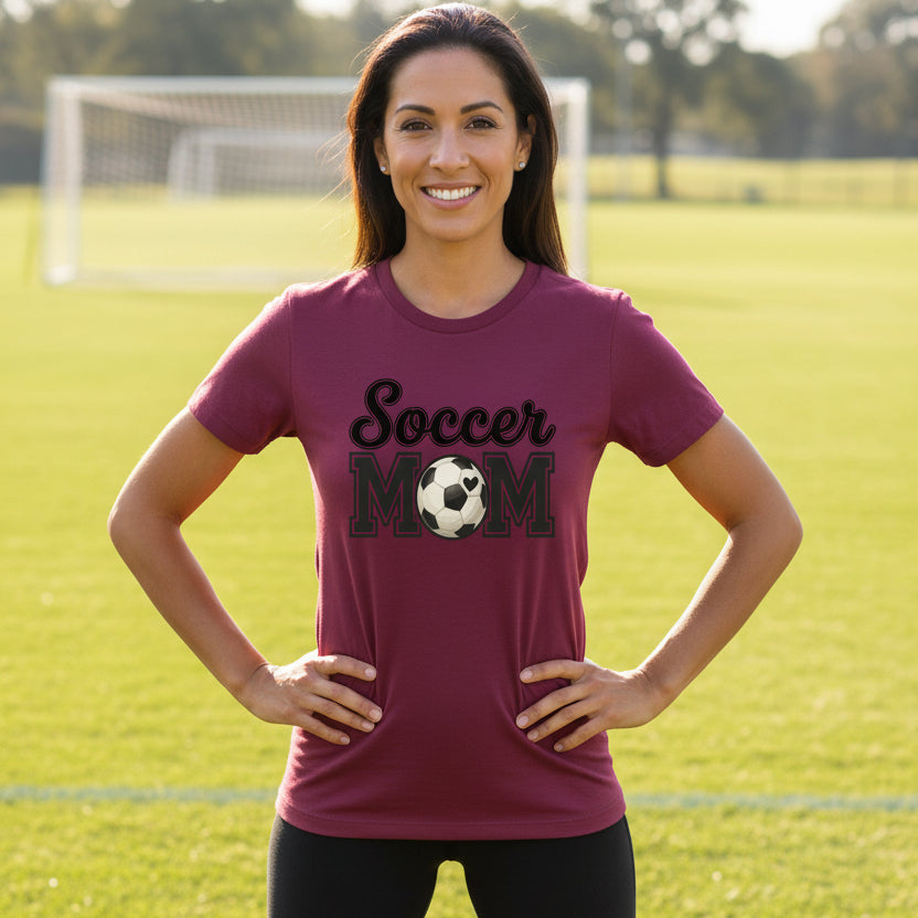 Soccer Mom T-Shirt with Heart Ball – Game Day Spirit Style MAROON - 6004 - FRONT