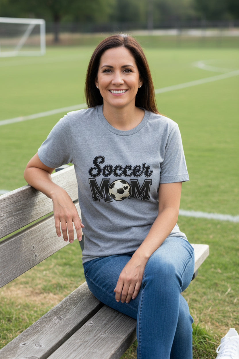 Soccer Mom T-Shirt with Heart Ball – Game Day Spirit Style ATHLETIC HEATHER - 6004 - FRONT