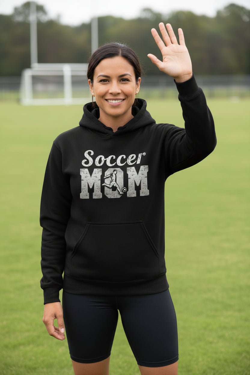 Soccer Mom Vintage Graphic – Proud Sports Parent Spirit Hoodie Design BLACK - FRONT