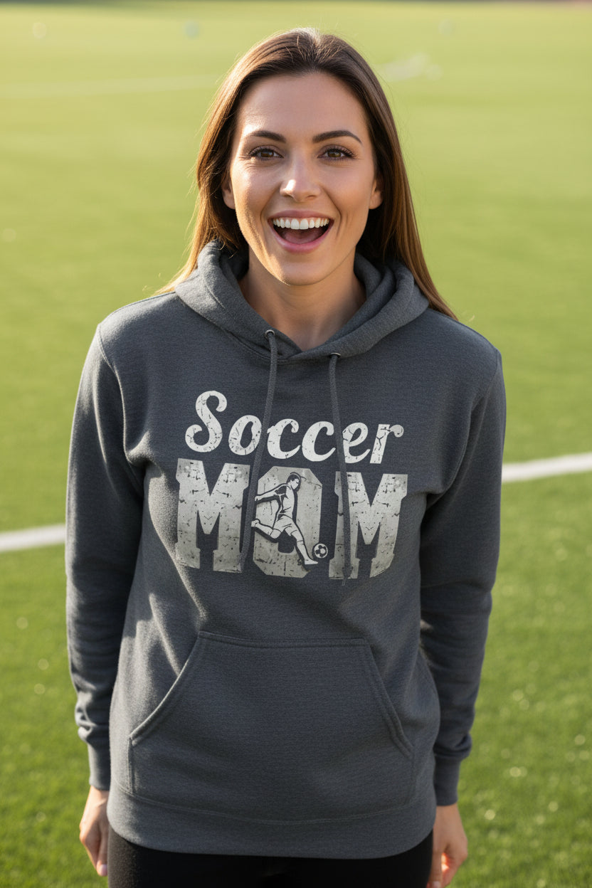 Soccer Mom Vintage Graphic – Proud Sports Parent Spirit Hoodie Design DARK HEATHER - FRONT