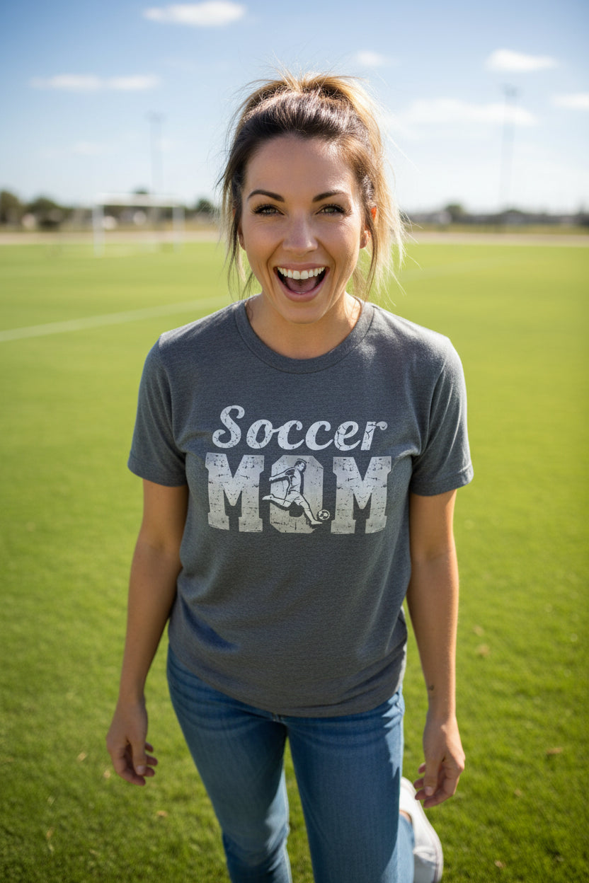 Soccer Mom Vintage Graphic – Proud Sports Parent Spirit T-Shirt Design DRK GREY HEATHER - FRONT