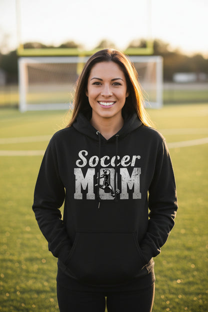 Soccer Mom Vintage Hoodie Design with Girl Player Silhouette Action Graphic BLACK - FRONT