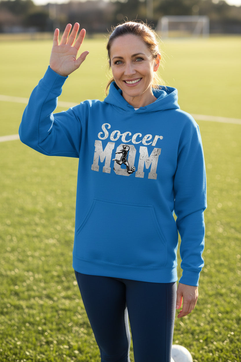 Soccer Mom Vintage Hoodie Design with Girl Player Silhouette Action Graphic Royal - FRONT