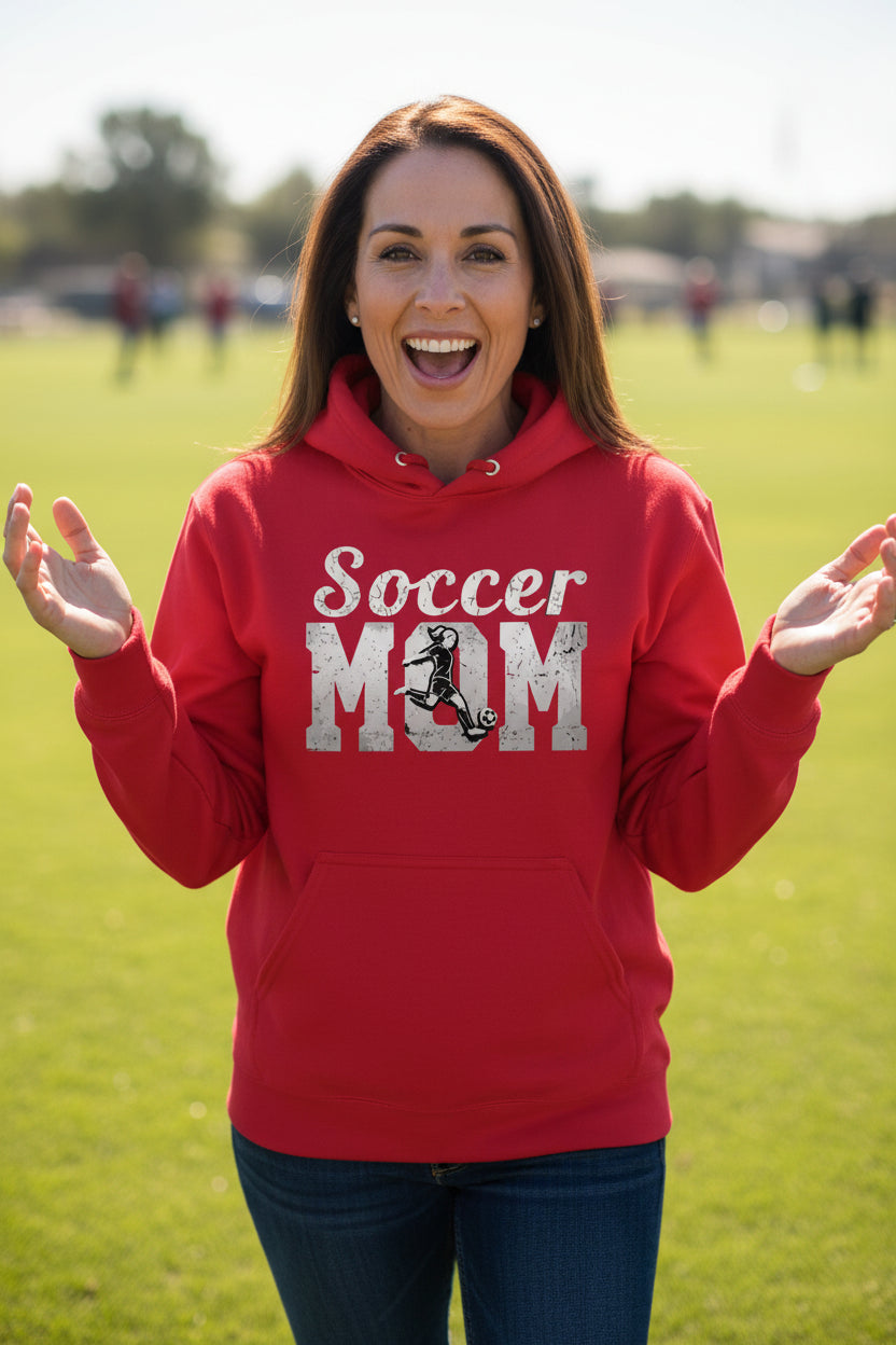 Soccer Mom Vintage Hoodie Design with Girl Player Silhouette Action Graphic RED - FRONT
