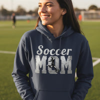 Soccer Mom Vintage Hoodie Design with Girl Player Silhouette Action Graphic NAVY - FRONT
