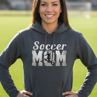 Soccer Mom Vintage Hoodie Design with Girl Player Silhouette Action Graphic DARK HEATHER - FRONT
