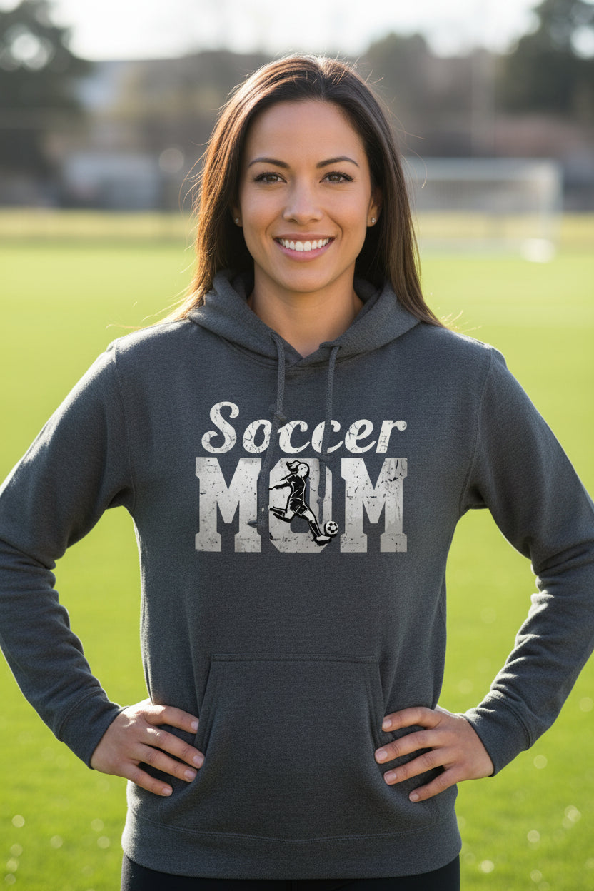 Soccer Mom Vintage Hoodie Design with Girl Player Silhouette Action Graphic DARK HEATHER - FRONT