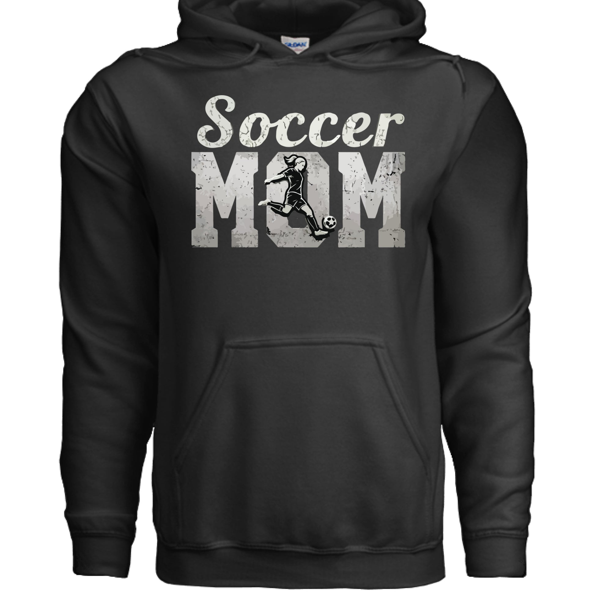 Soccer Mom Vintage Hoodie Design with Girl Player Silhouette Action Graphic BLACK- FRONT