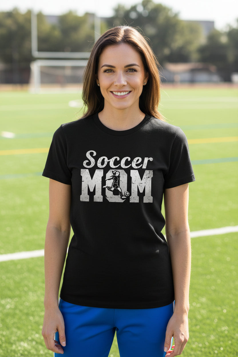 Soccer Mom Vintage T-Shirt Design with Girl Player Silhouette Action Graphic BLACK - FRONT