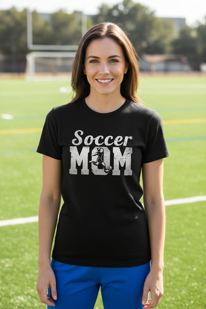 Soccer Mom Vintage T-Shirt Design with Girl Player Silhouette Action Graphic BLACK - FRONT