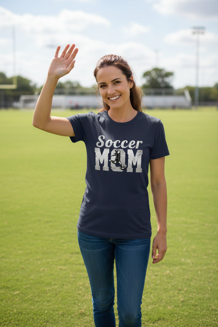 Soccer Mom Vintage T-Shirt Design with Girl Player Silhouette Action Graphic NAVY - FRONT