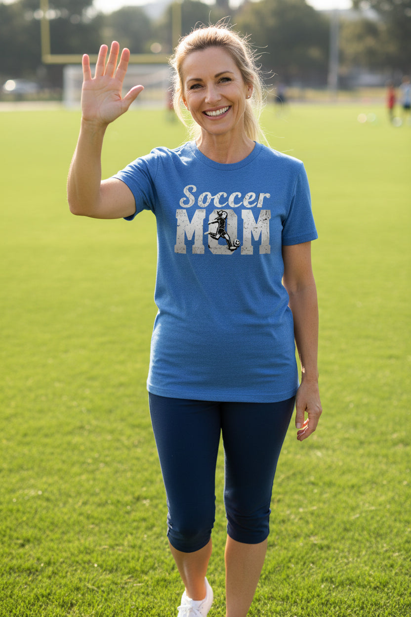 Soccer Mom Vintage T-Shirt Design with Girl Player Silhouette Action Graphic HTHR TRUE ROYAL - FRONT