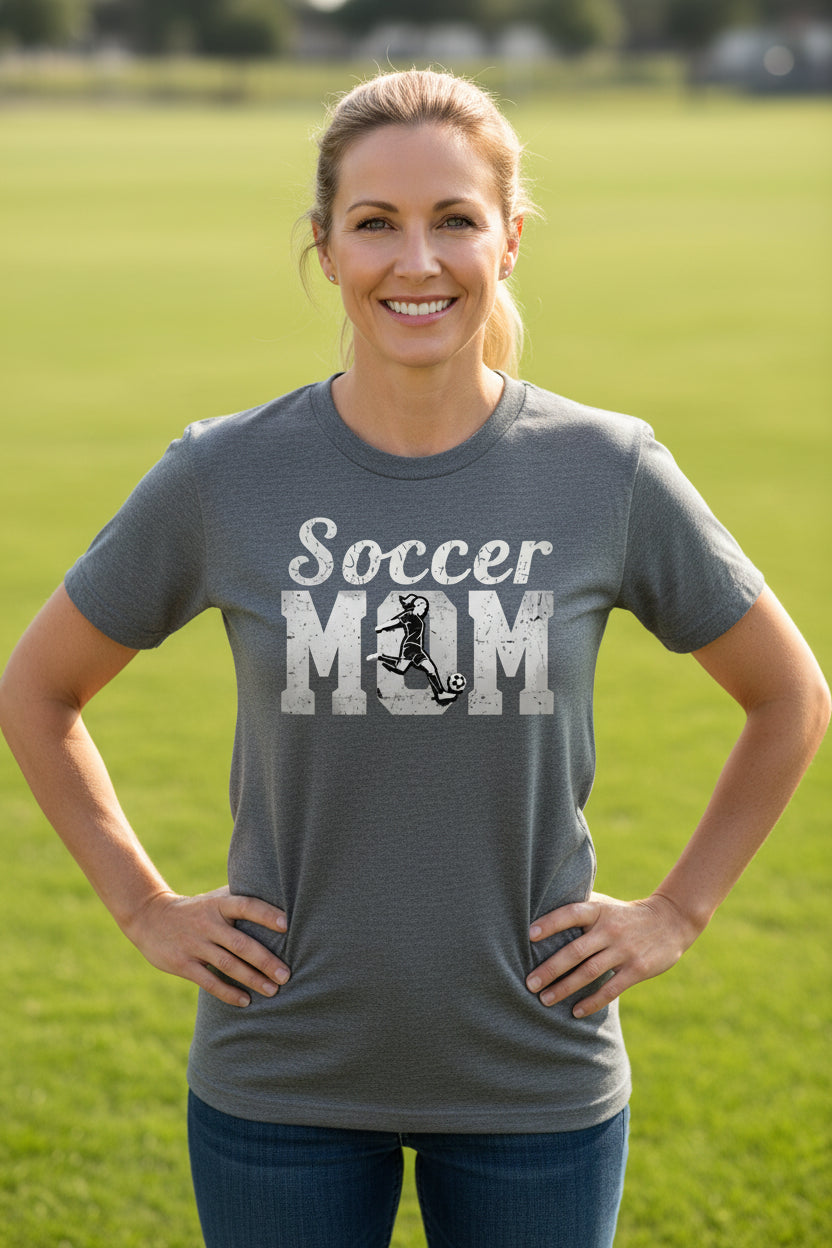 Soccer Mom Vintage T-Shirt Design with Girl Player Silhouette Action Graphic DRK GREY HEATHER - FRONT