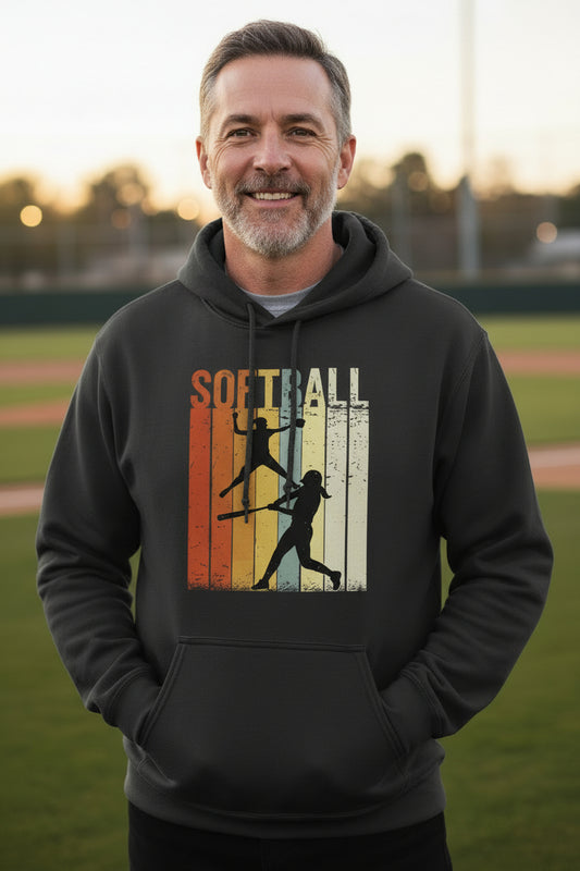 Softball Dad Athletic Pride Retro Color Stripe Hoodie Design BLACK - FRONT