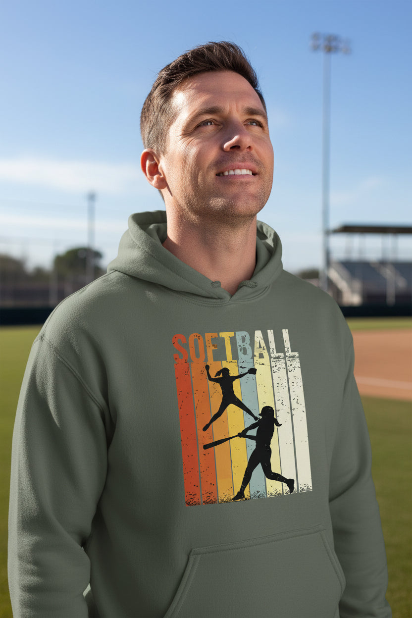 Softball Dad Athletic Pride Retro Color Stripe Hoodie Design MILITARY GREEN - FRONT