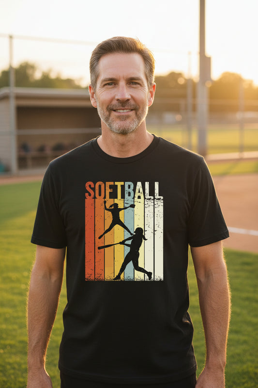 Softball Dad Athletic Pride Retro Color Stripe T-Shirt Design BLACK - FRONT