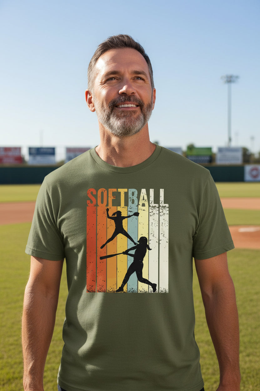Softball Dad Athletic Pride Retro Color Stripe T-Shirt Design MILITARY GREEN - FRONT