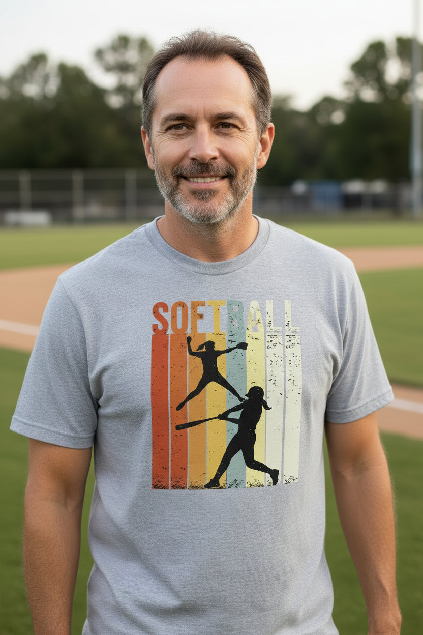 Softball Dad Athletic Pride Retro Color Stripe T-Shirt Design HEATHER GRAY - FRONT