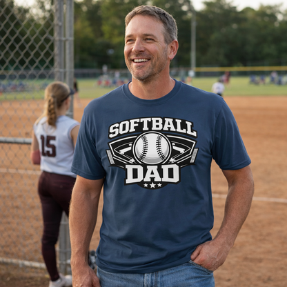 Man wearing a 'SOFTBALL DAD' t-shirt on a baseball field
